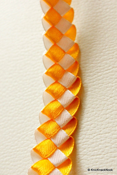Yellow And White Woven Satin Ribbon Trim, 18mm wide, One Yard